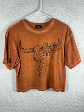 Zutter Women's Rust Orange Floral Bull Skull Crop Tee